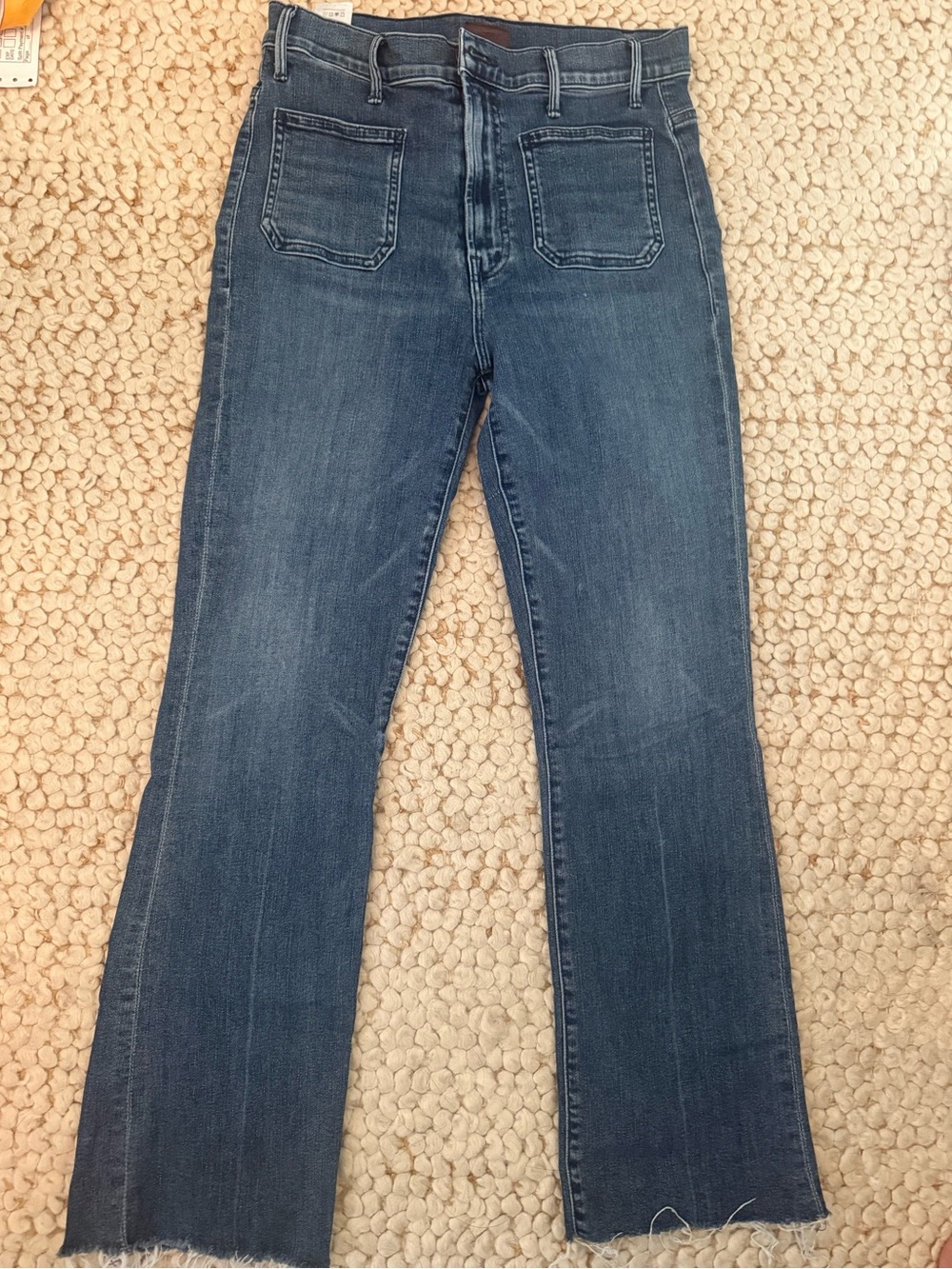 MOTHER Dark Blue Cropped Straight Jeans with Raw Hem